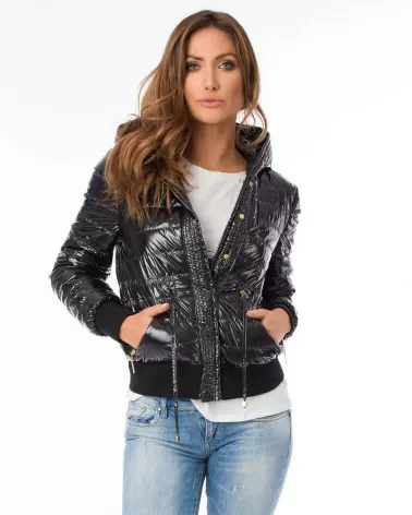 Waterproof black quilted jacket with a hood