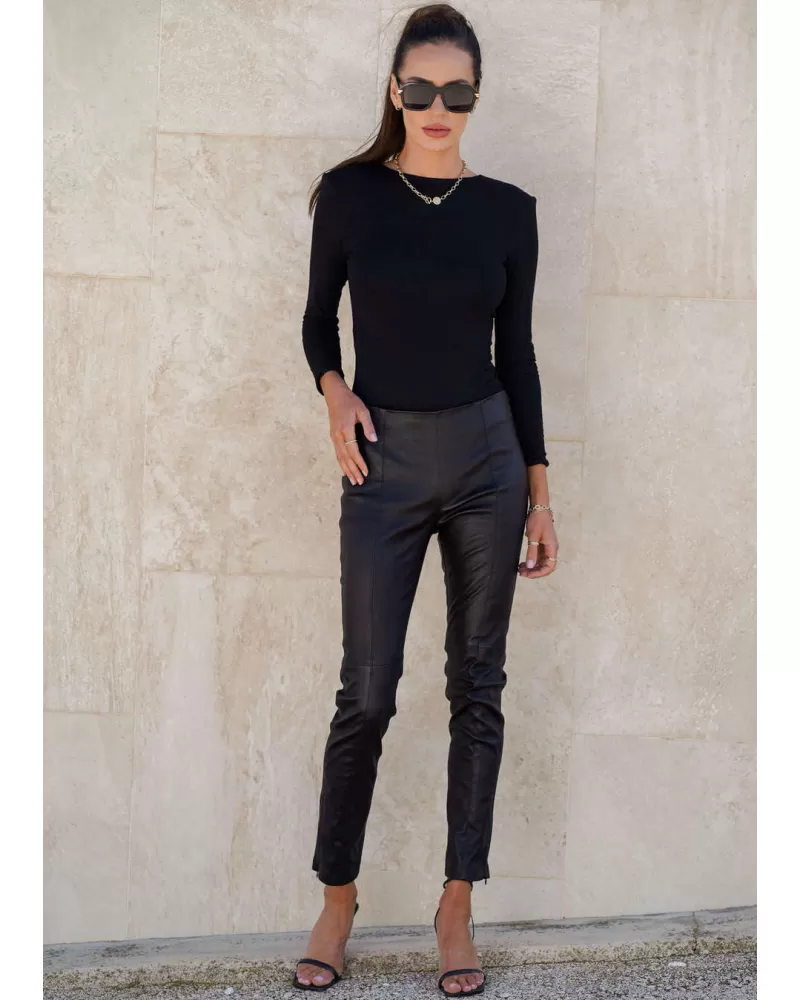 Coffee-colored leather pants