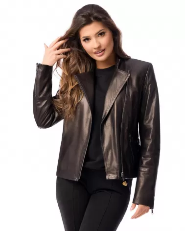 Sale | Black leather jacket with a stand-up collar