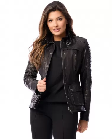 Sale | Black leather jacket with a stand-up collar