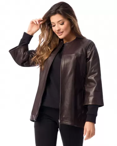 Sale | Brown leather jacket with 7/8 sleeves
