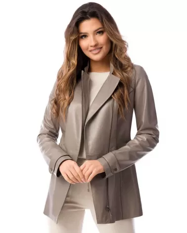 Sale | Silver and beige leather jacket with a stand-up collar