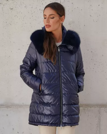 Navy blue down jacket with a hood