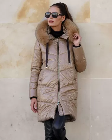 Camel hooded down jacket