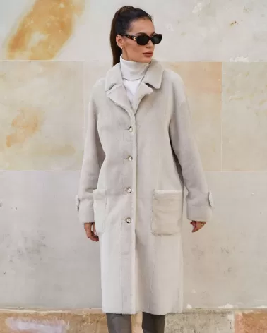 Beige double-sided long sheepskin coat