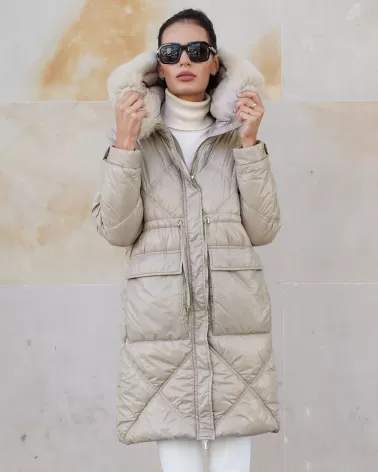 Beige down jacket with a hood