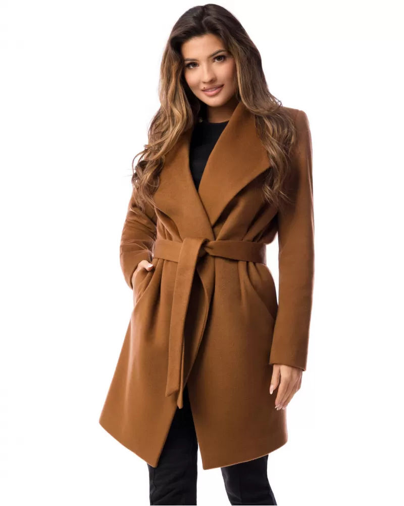 Tobacco-colored wool coat with cashmere
