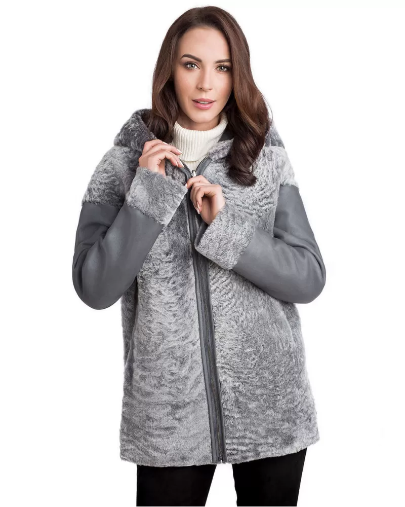 Reversible grey sheepskin coat
